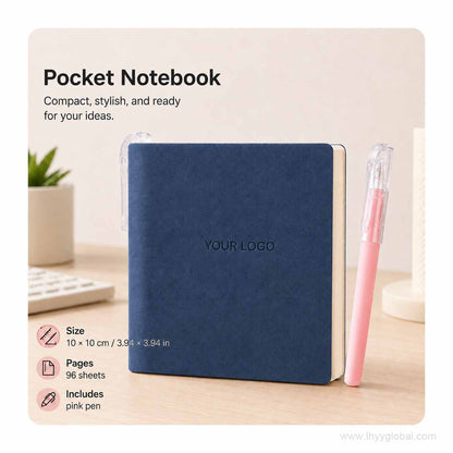 Deep Sea Blue custom logo square pocket notebook displayed on a minimalist office desk.
