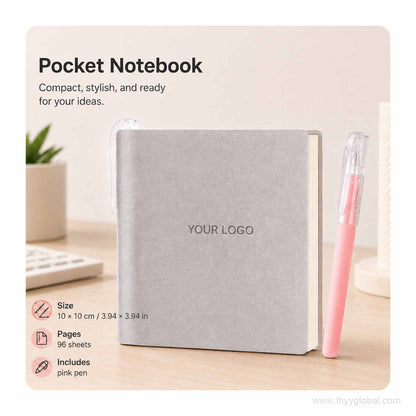 Mist Gray custom logo square pocket notebook displayed on a minimalist office desk.