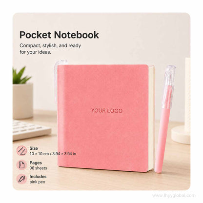 Peach Pink custom logo square pocket notebook displayed on a minimalist office desk.