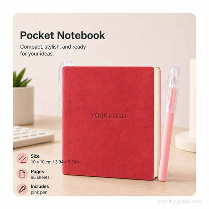 Bean Red custom logo square pocket notebook displayed on a minimalist office desk.