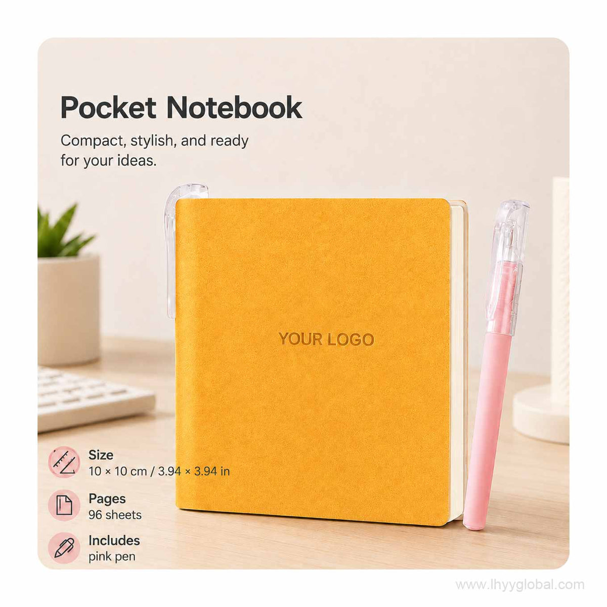Lemon Yellow custom logo square pocket notebook displayed on a minimalist office desk.