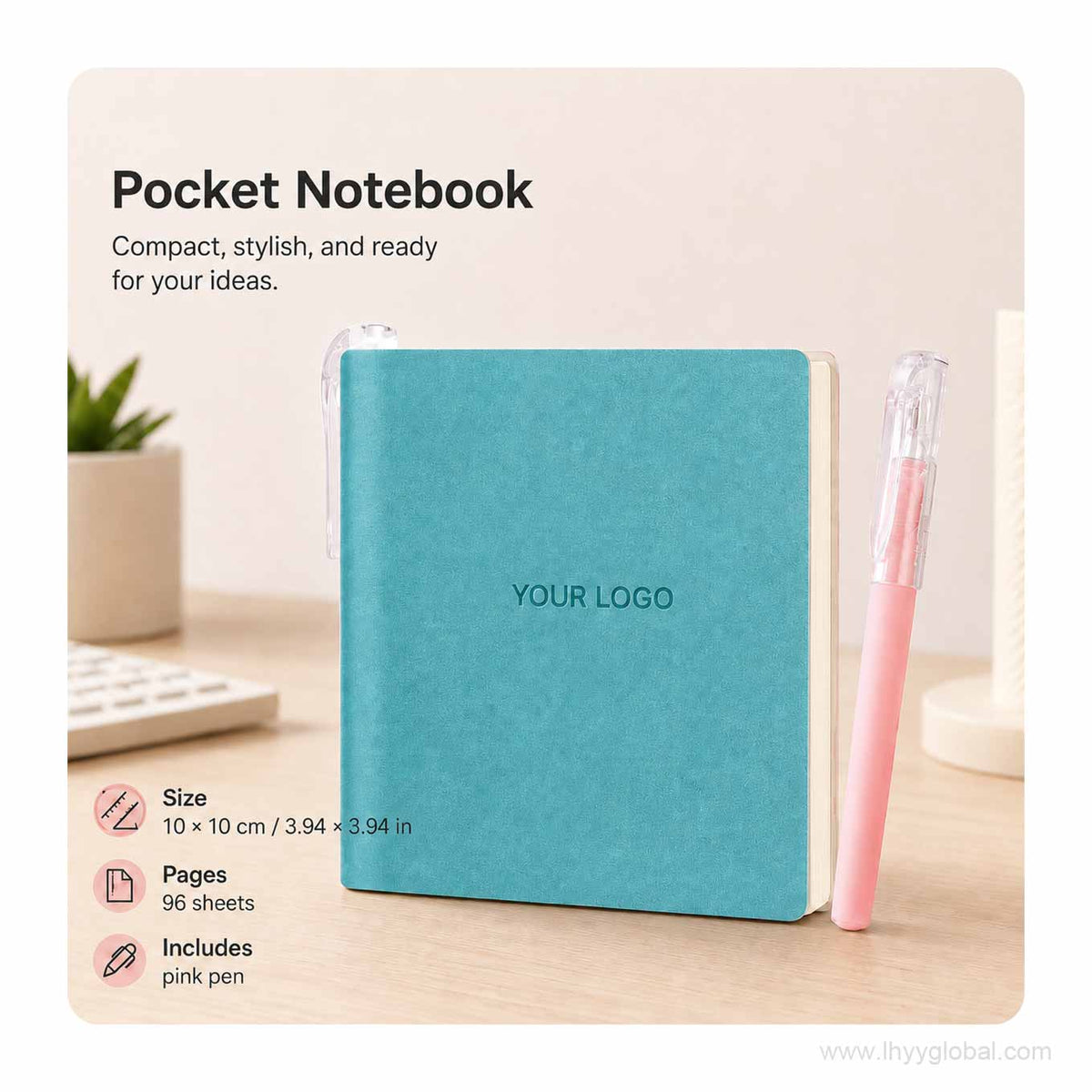 Seaweed Green custom logo square pocket notebook displayed on a minimalist office desk.