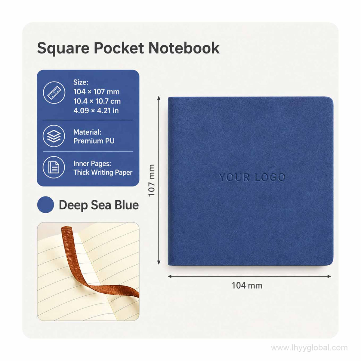 Deep Sea Blue custom logo square pocket PU notebook with size, material, and writing paper details.