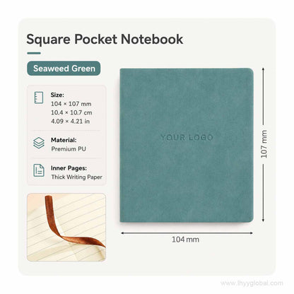 Seaweed Green custom logo square pocket PU notebook with size, material, and writing paper details.