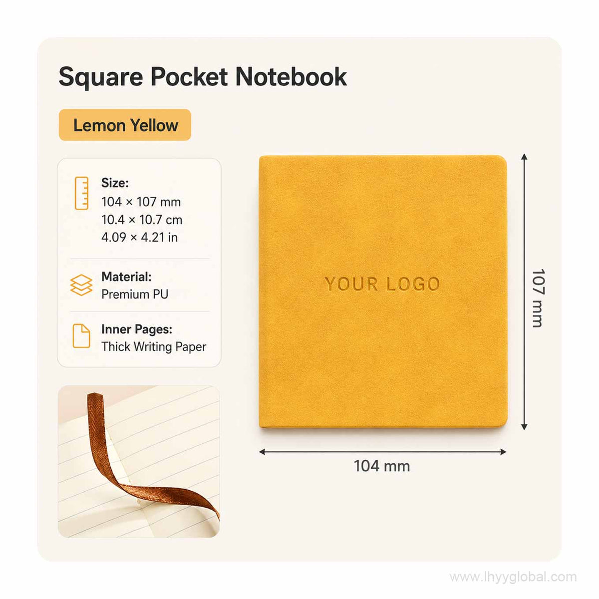 Lemon Yellow custom logo square pocket PU notebook with size, material, and writing paper details.