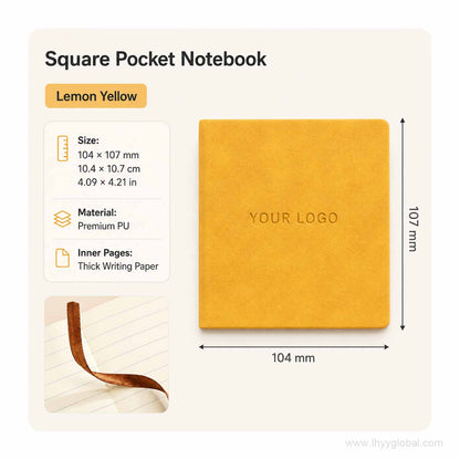Lemon Yellow custom logo square pocket PU notebook with size, material, and writing paper details.