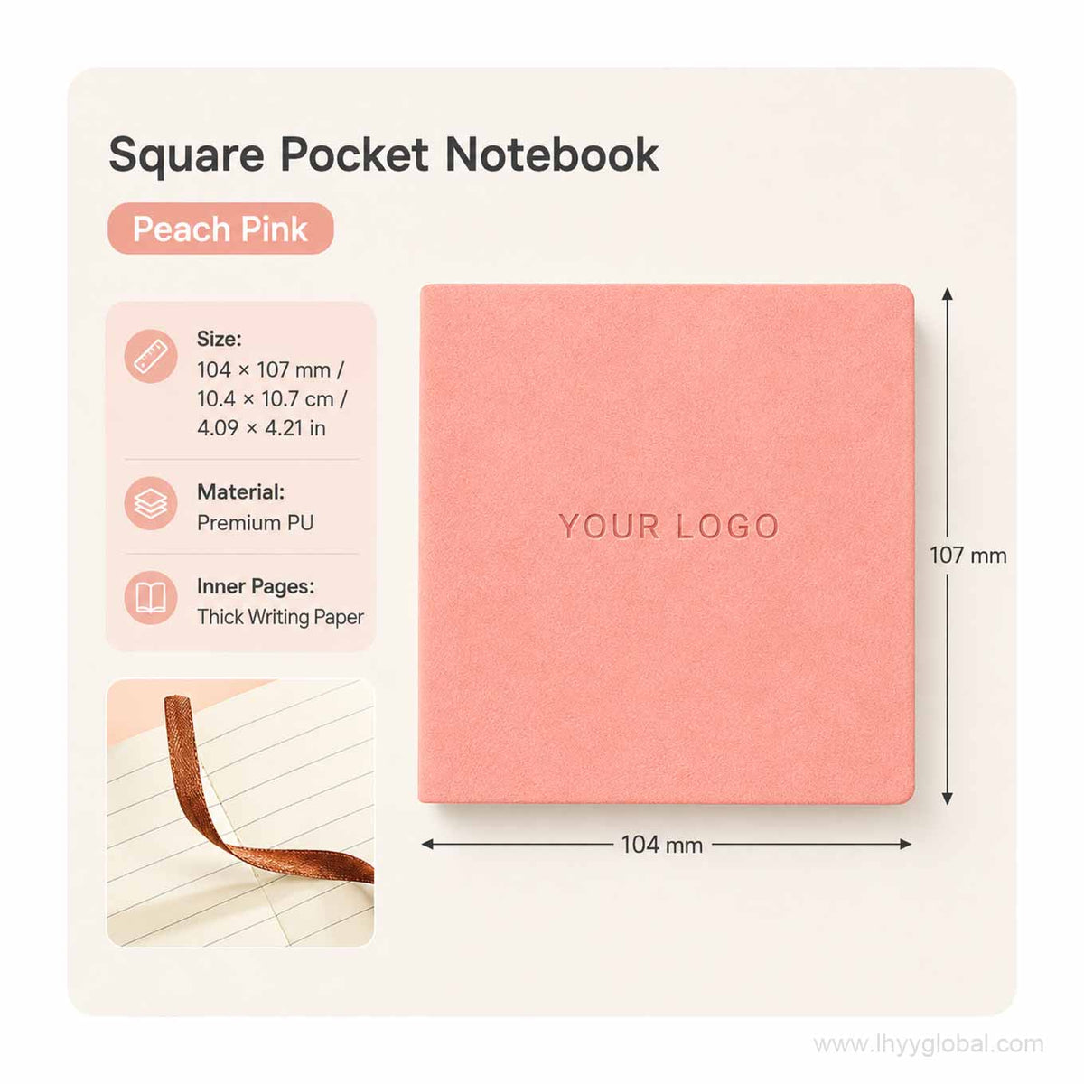 Peach Pink custom logo square pocket PU notebook with size, material, and writing paper details.