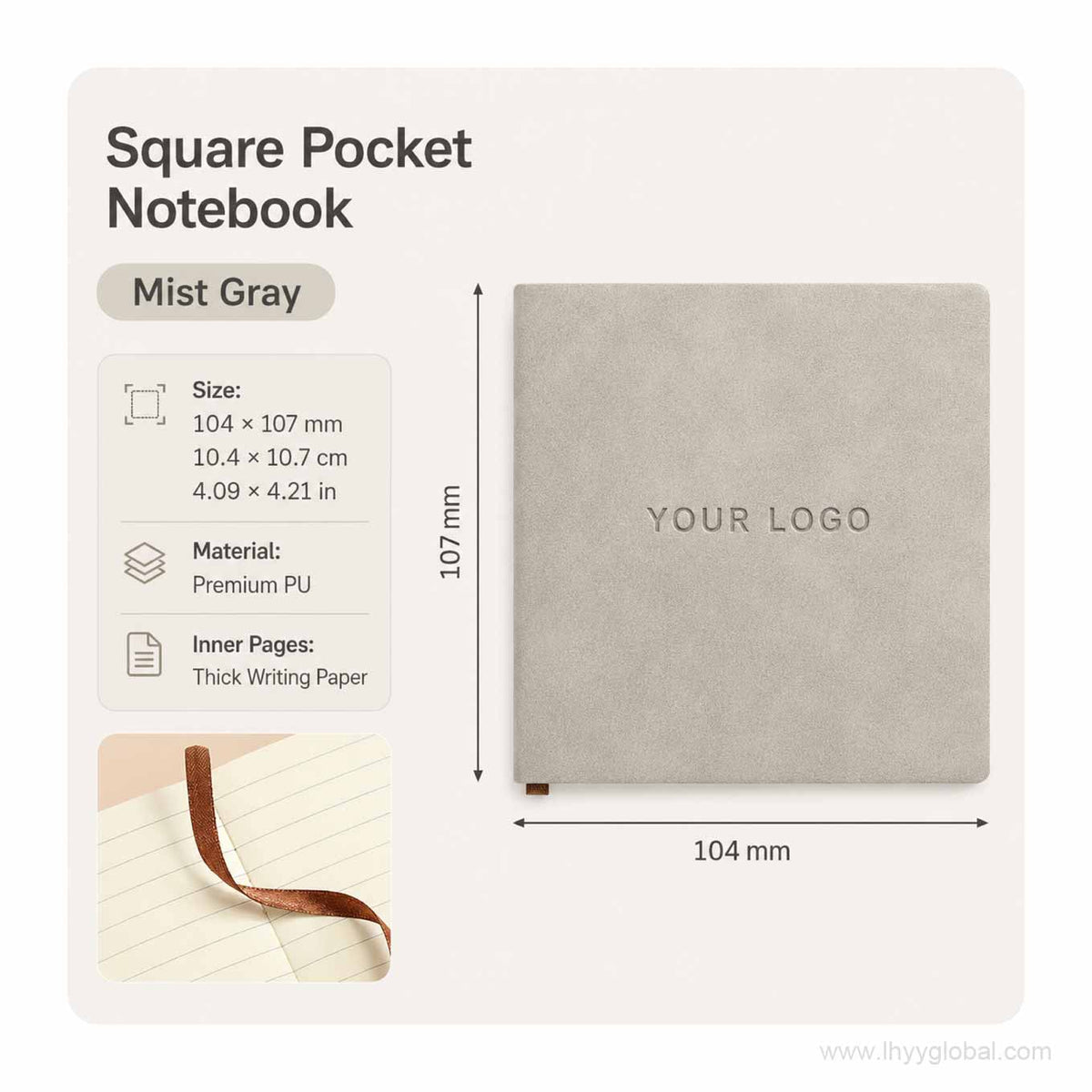 Mist Gray custom logo square pocket PU notebook with size, material, and writing paper details.