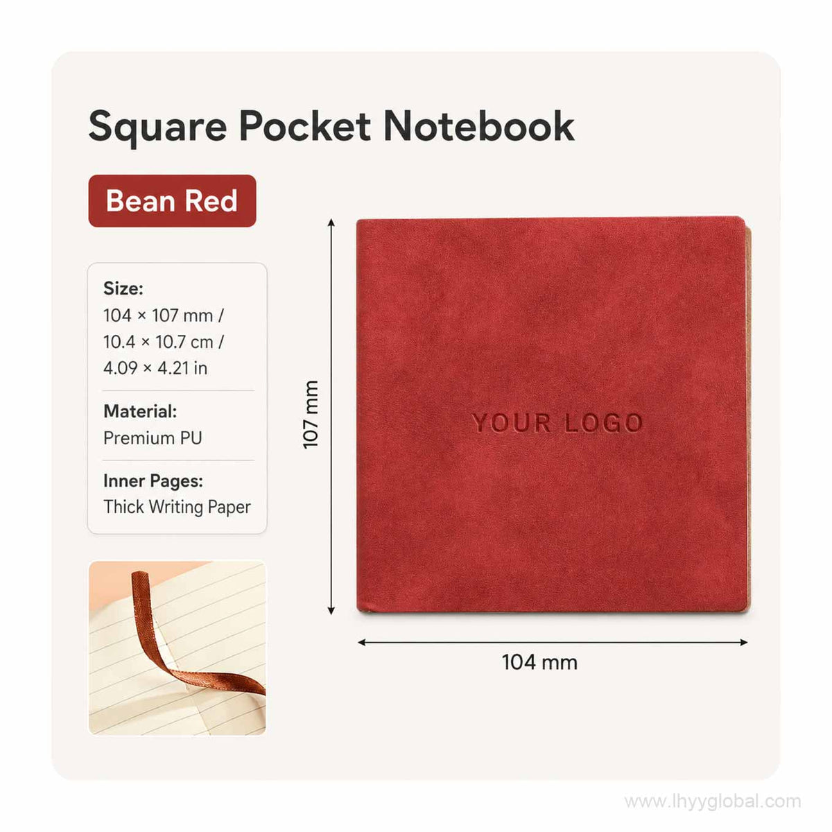 Bean Red custom logo square pocket PU notebook with size, material, and writing paper details.