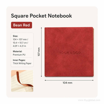 Bean Red custom logo square pocket PU notebook with size, material, and writing paper details.