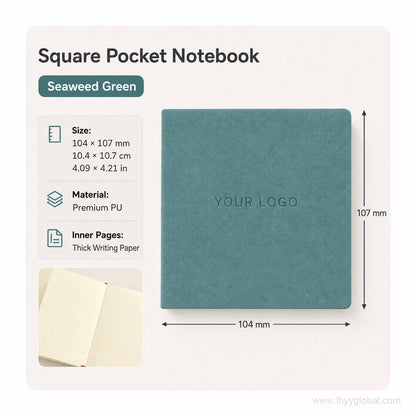 Custom logo square pocket PU notebook in Seaweed Green, 104 × 107 mm, with premium PU cover and thick writing paper.