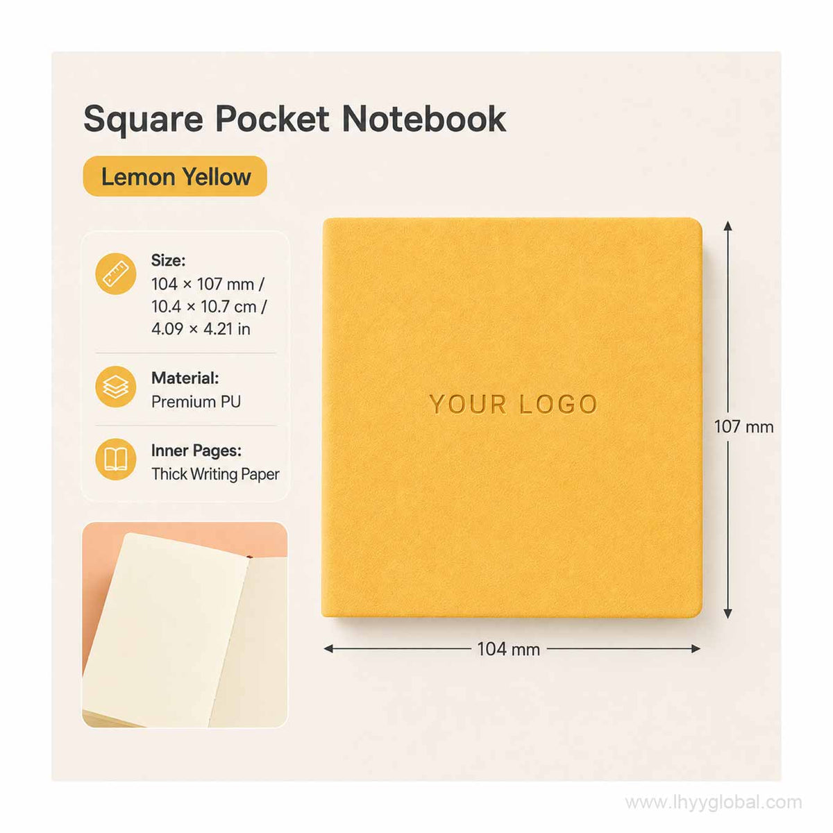 Custom logo square pocket PU notebook in Lemon Yellow, 104 × 107 mm, with premium PU cover and thick writing paper.
