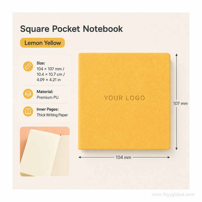 Custom logo square pocket PU notebook in Lemon Yellow, 104 × 107 mm, with premium PU cover and thick writing paper.