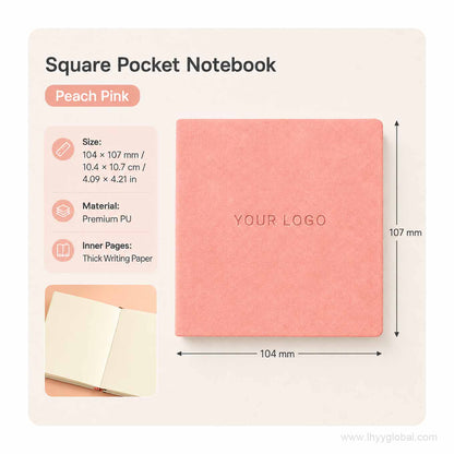 Custom logo square pocket PU notebook in Peach Pink, 104 × 107 mm, with premium PU cover and thick writing paper.