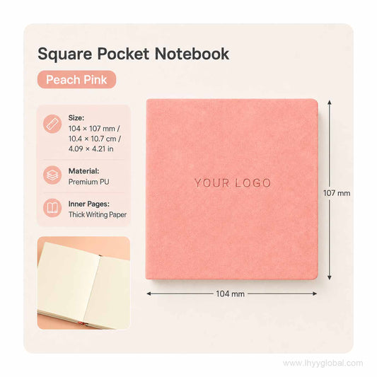 Custom logo square pocket PU notebook in Peach Pink, 104 × 107 mm, with premium PU cover and thick writing paper.