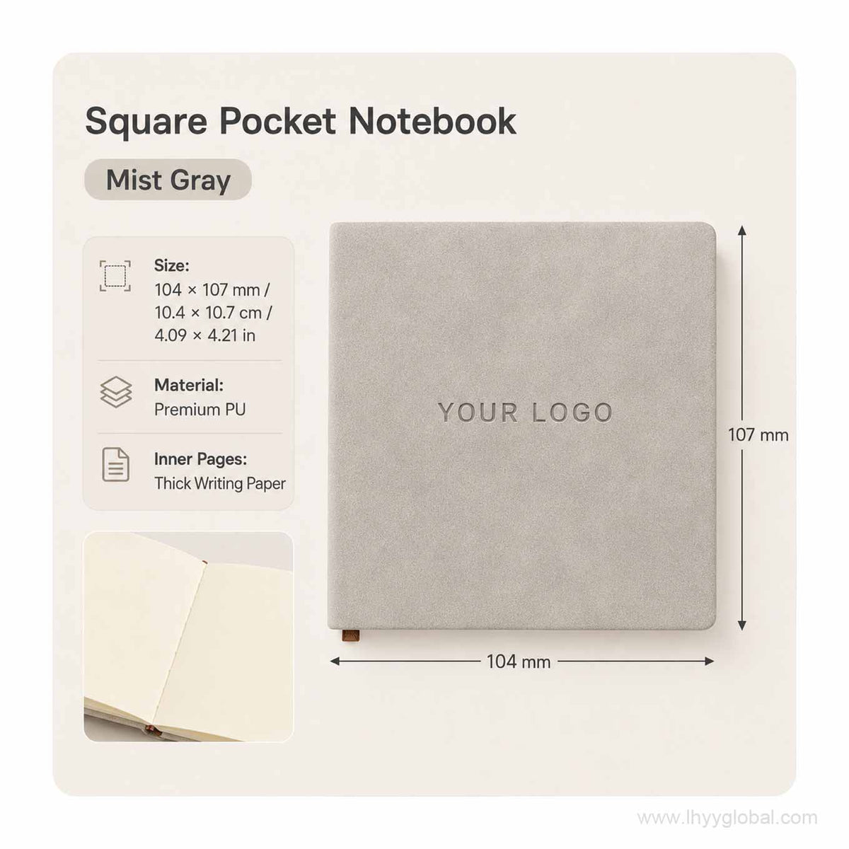 Custom logo square pocket PU notebook in Mist Gray, 104 × 107 mm, with premium PU cover and thick writing paper.