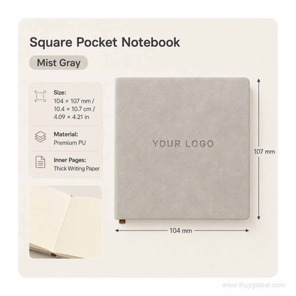 Custom logo square pocket PU notebook in Mist Gray, 104 × 107 mm, with premium PU cover and thick writing paper.