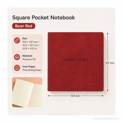 Custom logo square pocket PU notebook in Bean Red, 104 × 107 mm, with premium PU cover and thick writing paper.