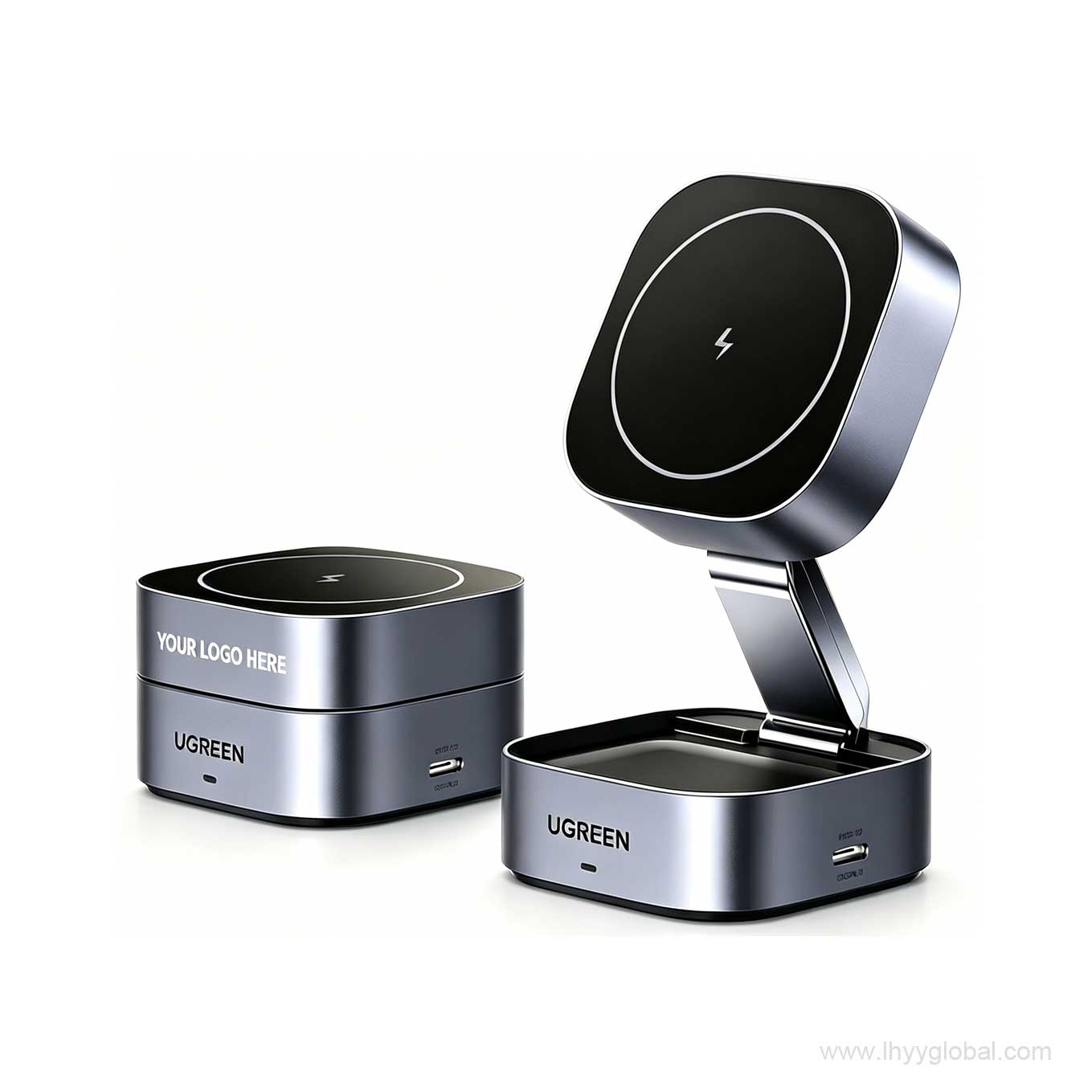 Custom logo printed Ugreen 2-in-1 magnetic wireless charging station with customizable corporate logo branding, premium promotional electronic gift.