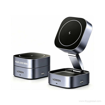 Custom logo printed Ugreen 2-in-1 magnetic wireless charging station with customizable corporate logo branding, premium promotional electronic gift.