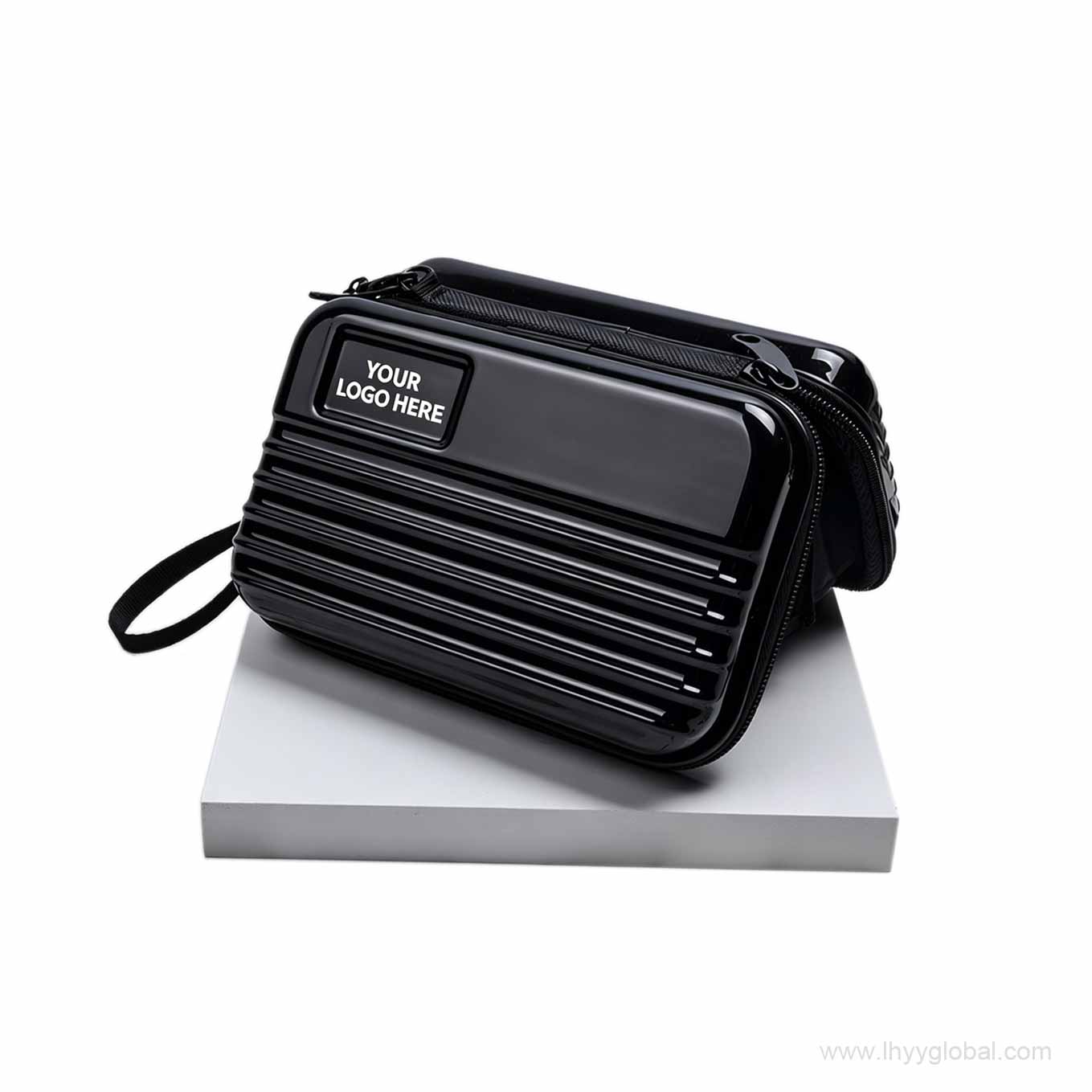 Open mini hard shell organizer case with mesh pocket and elastic securing straps