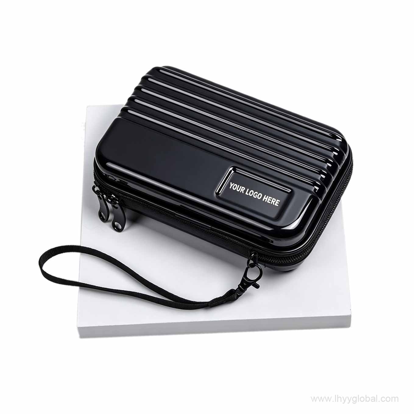 Black custom mini hard shell tech organizer case with woven carrying strap