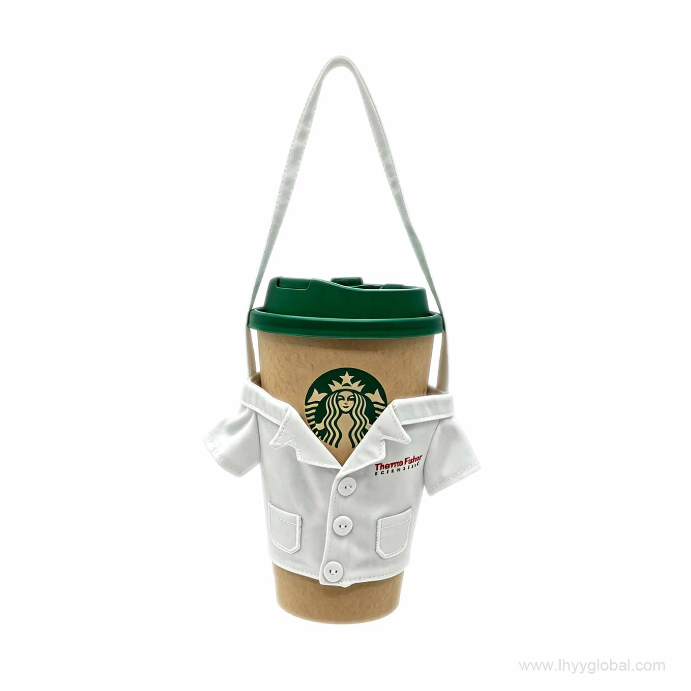 Custom white mini lab coat beverage holder with sewn pockets and a carrying strap