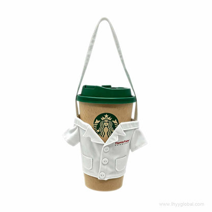 Custom white mini lab coat beverage holder with sewn pockets and a carrying strap