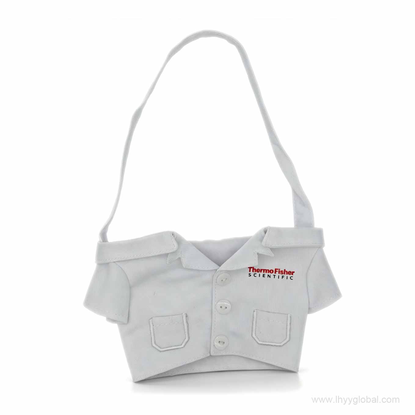 White fabric mini lab coat cup sleeve shown flat with collar, pockets, buttons, and strap
