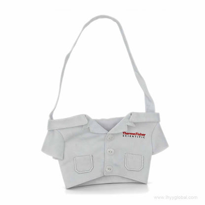 White fabric mini lab coat cup sleeve shown flat with collar, pockets, buttons, and strap