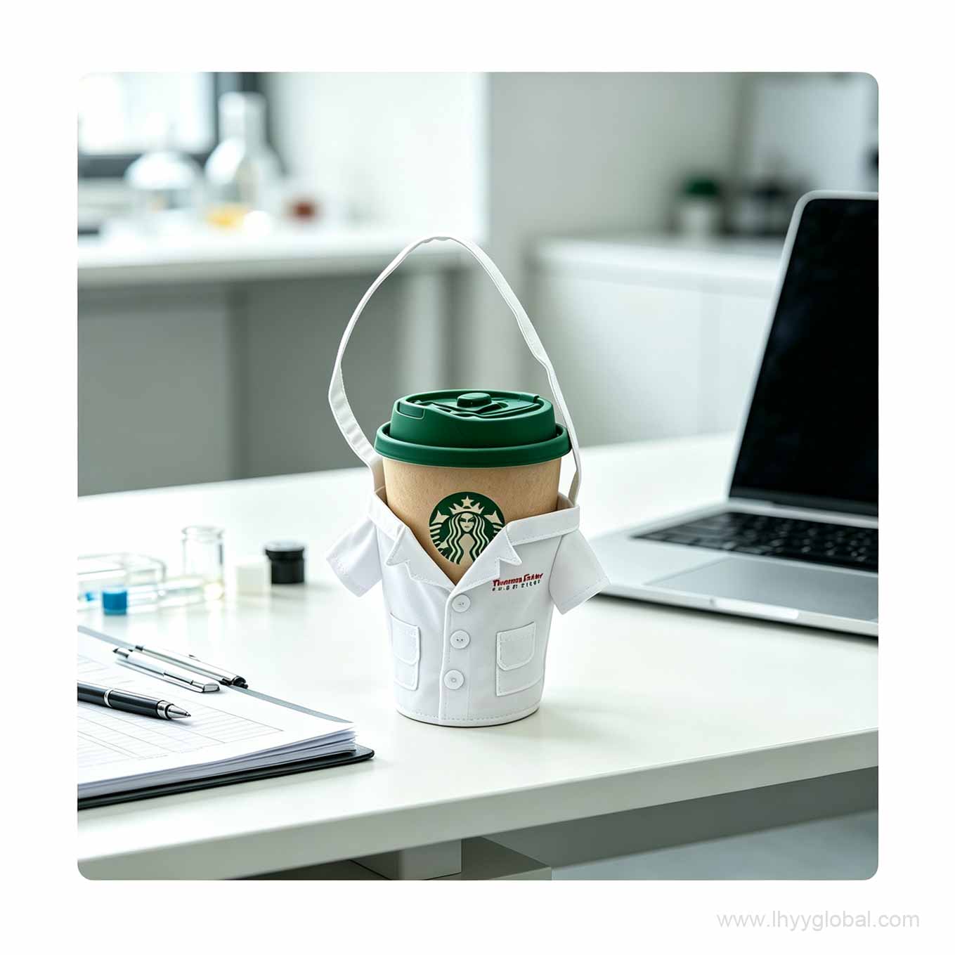 Mini lab coat cup sleeve displayed in a laboratory-themed promotional setting