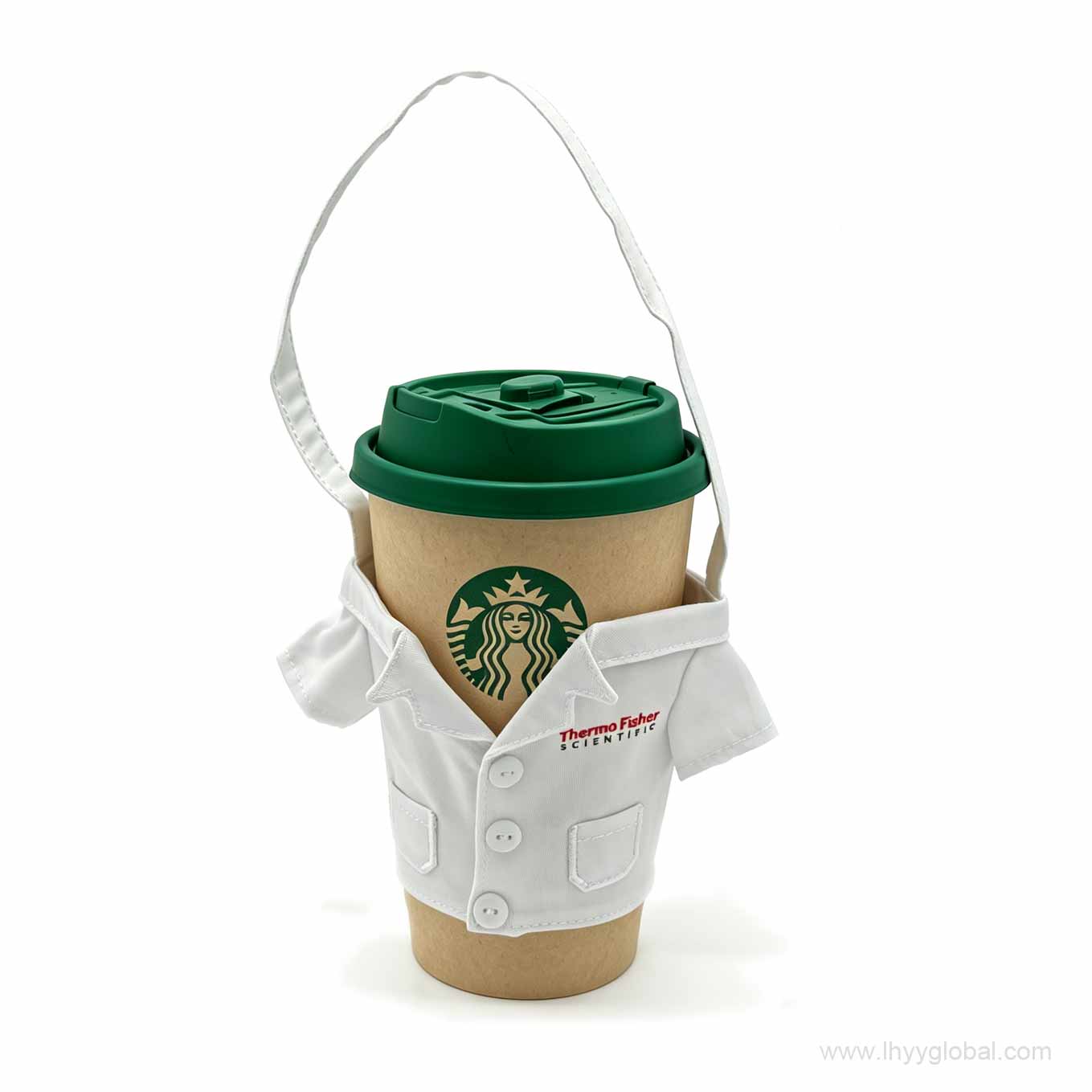 White mini lab coat cup sleeve with a takeaway cup and long carrying strap