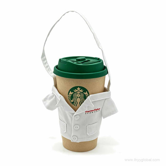 White mini lab coat cup sleeve with a takeaway cup and long carrying strap