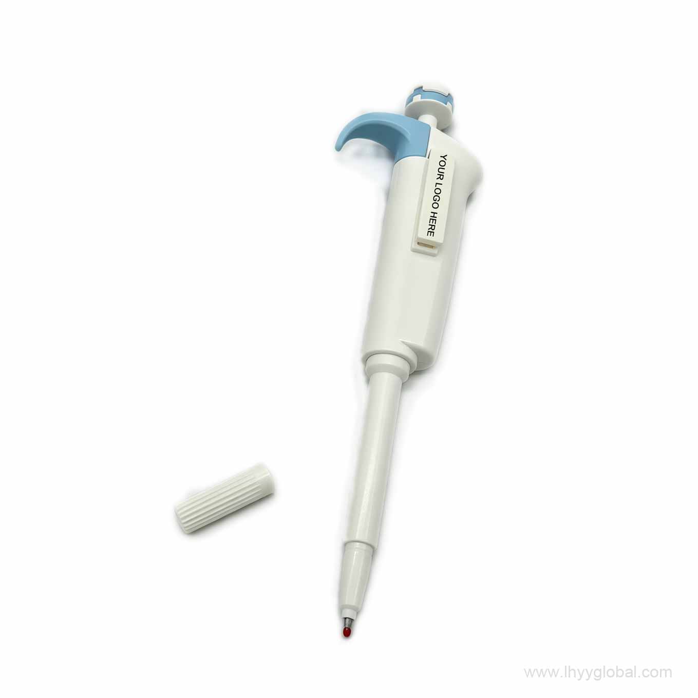 Custom pipette-inspired promotional pen shown at an angle with side branding area