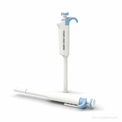Custom pipette-shaped promotional pen in white and light blue on a white background