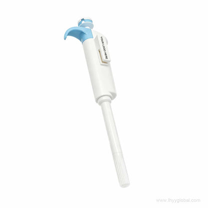 White and light blue pipette-shaped writing pen shown upright