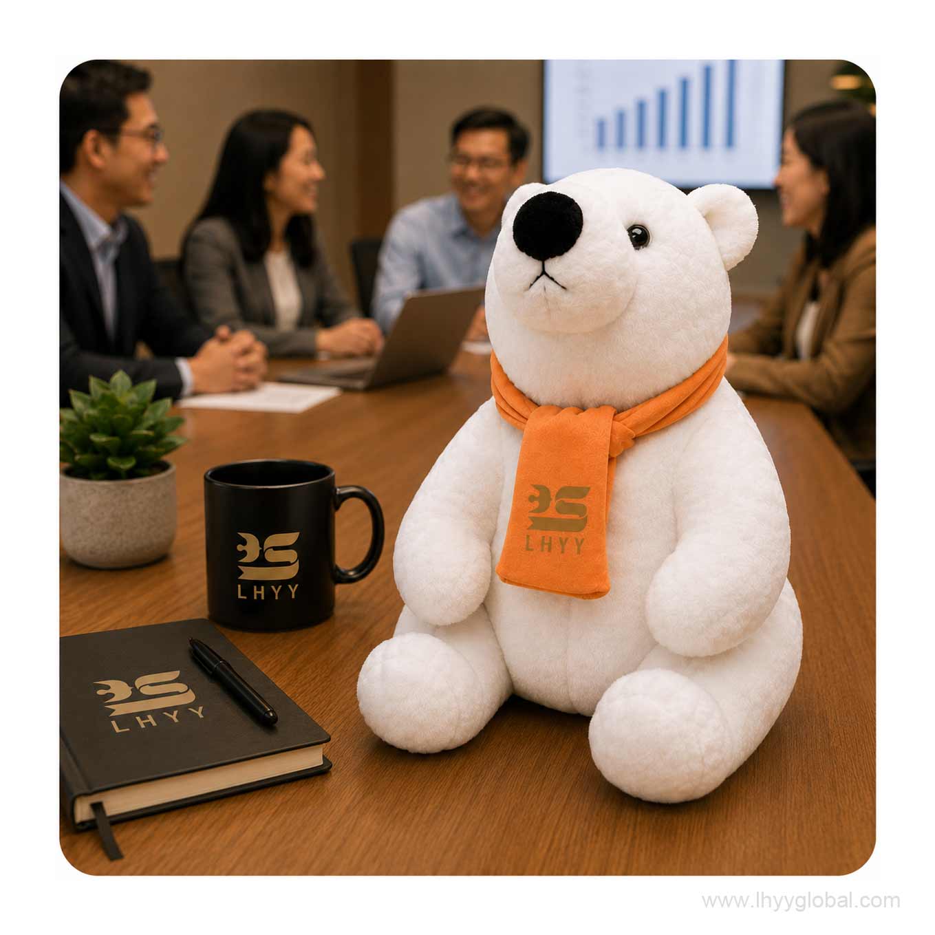 Custom polar bear plush toy with logo scarf displayed in a corporate meeting setting
