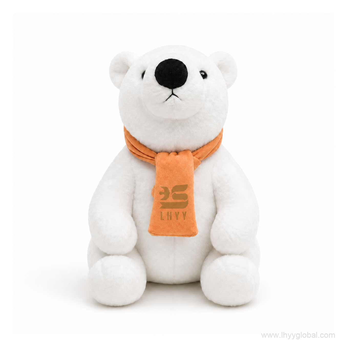 Custom white polar bear plush toy with orange logo scarf on a white background