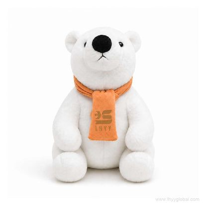 Custom white polar bear plush toy with orange logo scarf on a white background