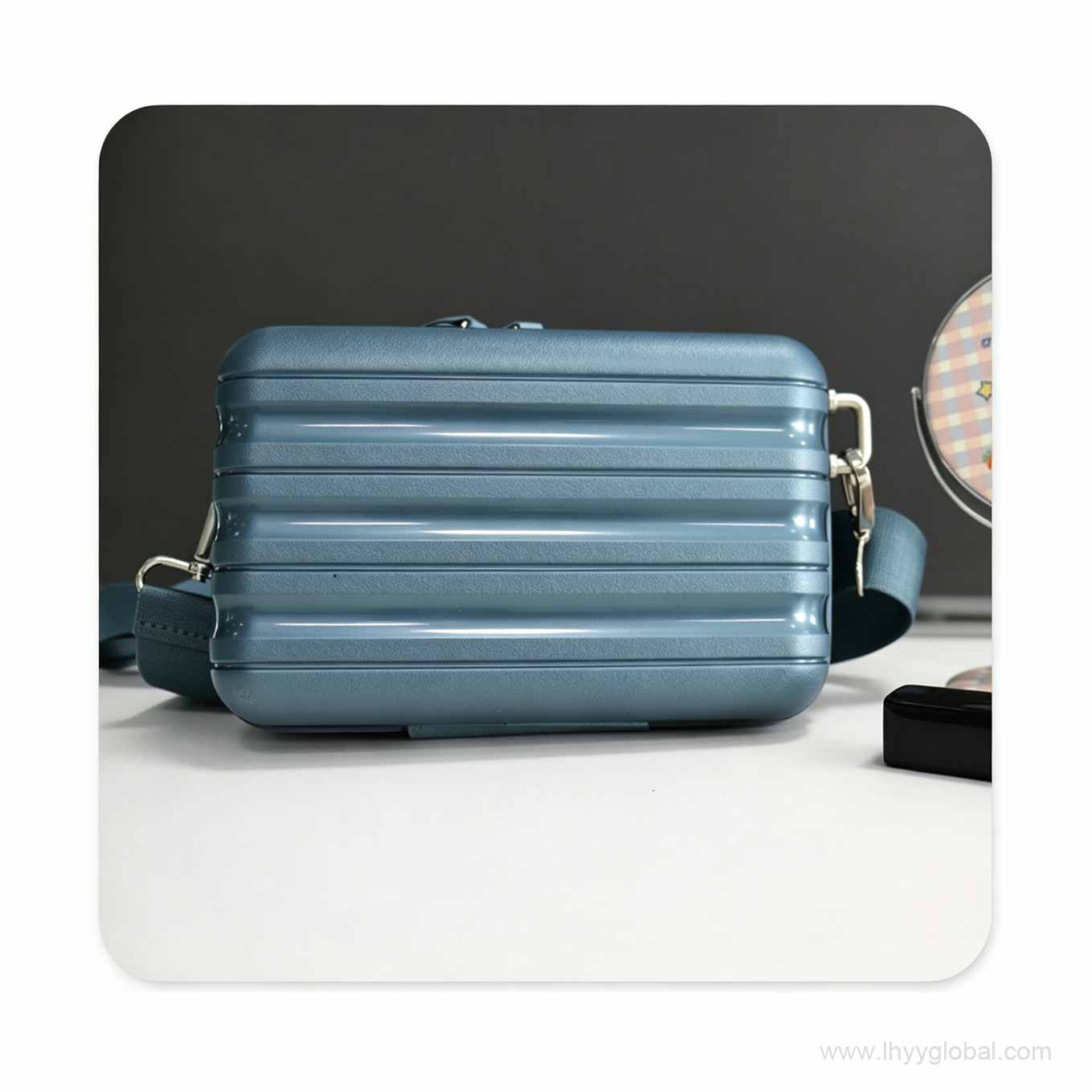 Blue custom PP mini hard case with zipper closure and shoulder strap