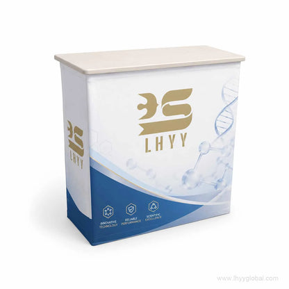 Custom printed portable pop-up trade show counter with LHYY life science graphic and wooden top