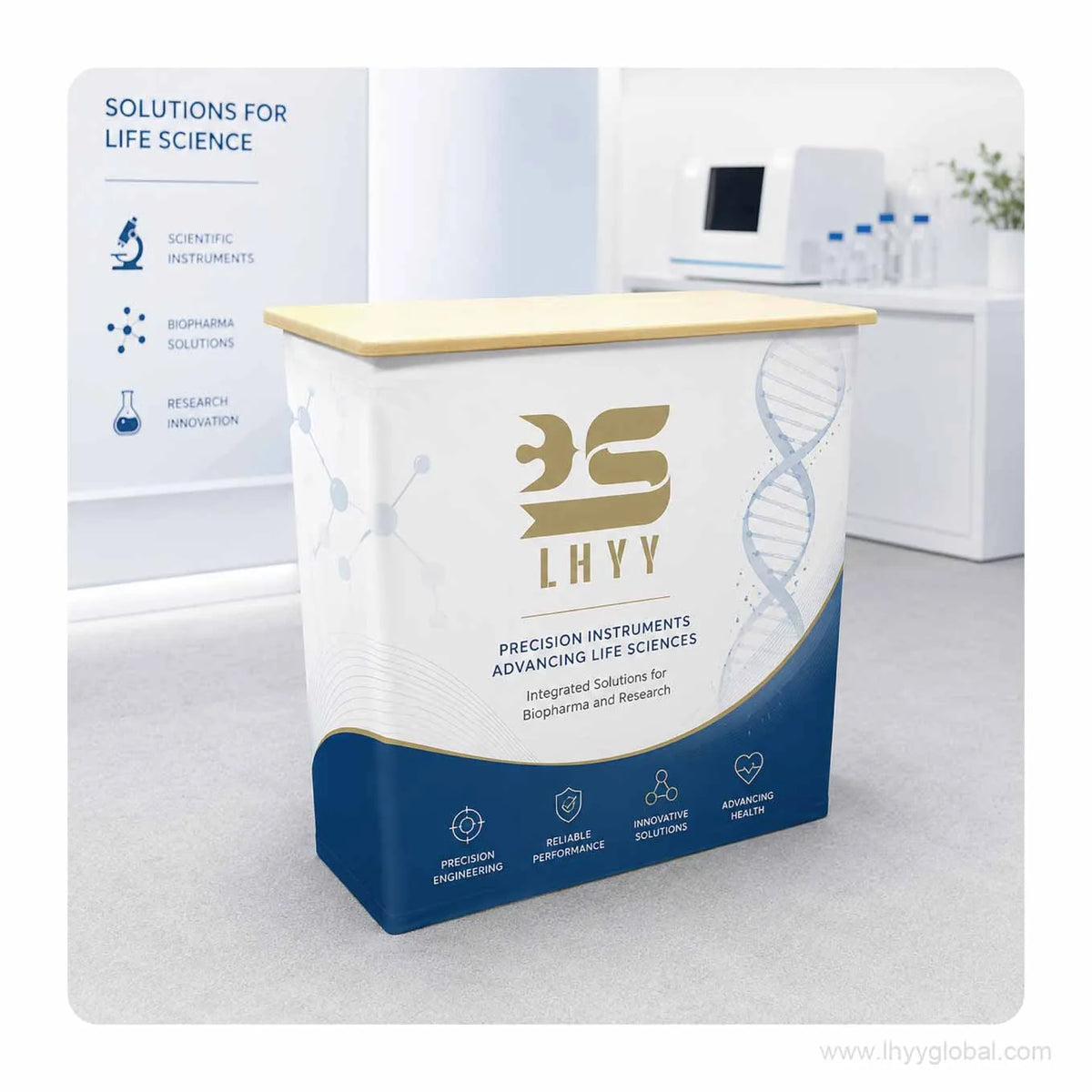 Custom printed pop-up exhibition counter in a life science trade show setting