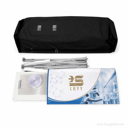 Pop-up trade show counter components including carry bag aluminum frame shelf hardware and fabric graphic