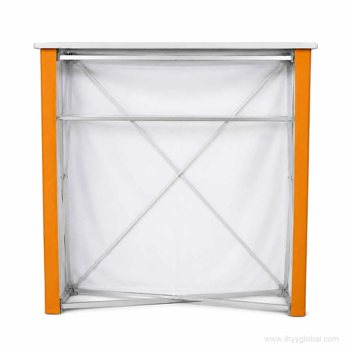 Rear view of collapsible aluminum pop-up counter frame with shelf support and open storage access