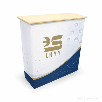 Custom printed portable exhibition counter with LHYY scientific branding on a white background