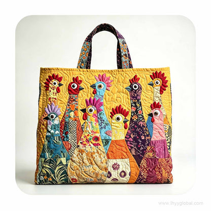 Custom quilted appliqué tote bag with brown handles shown from the front