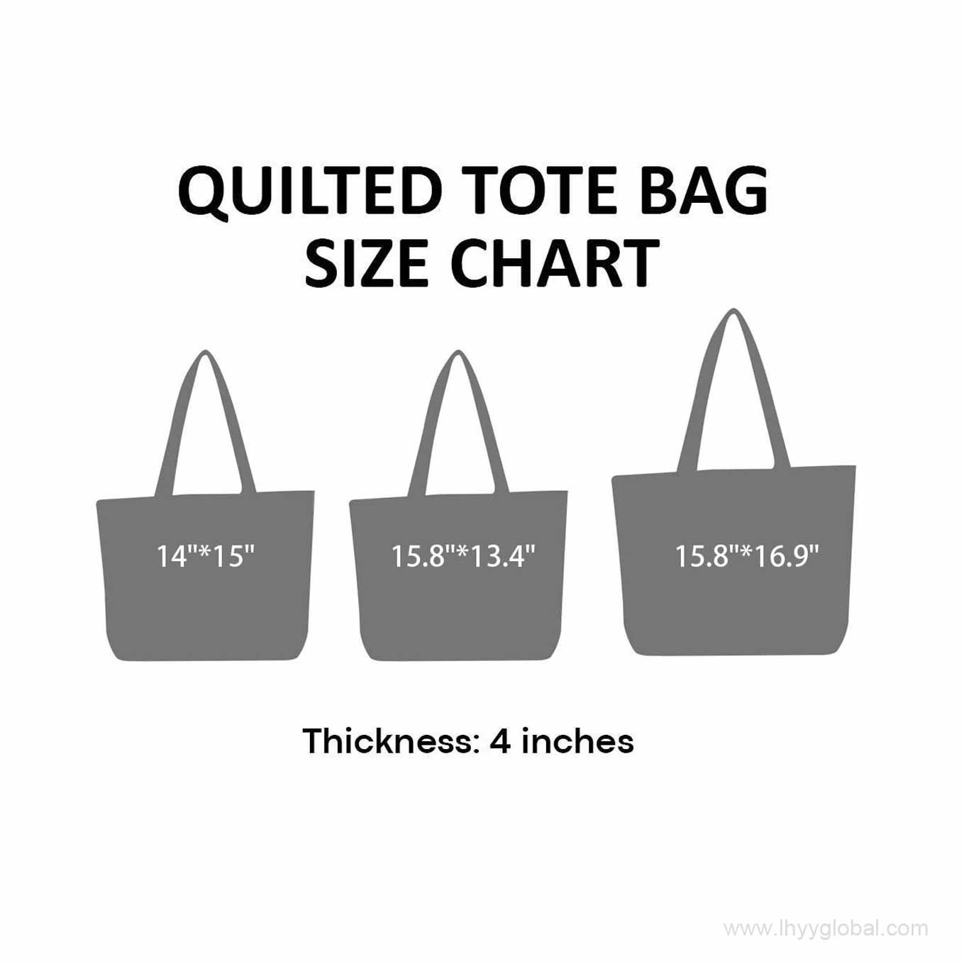 Custom quilted tote bag size guide showing three available dimensions