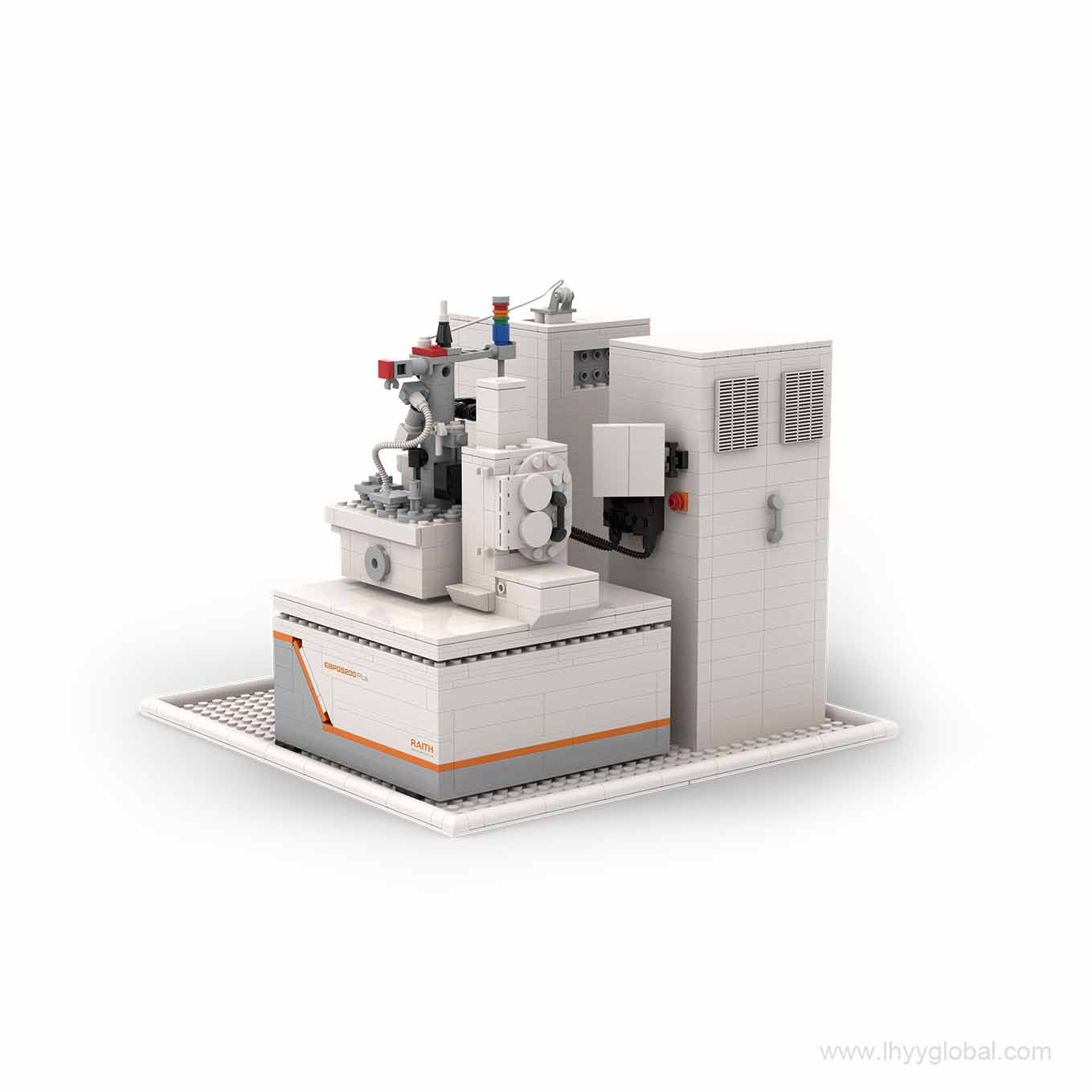 Custom Lego-compatible RAITH EBPG 5200 electron beam lithography building block model in white, gray, black and orange