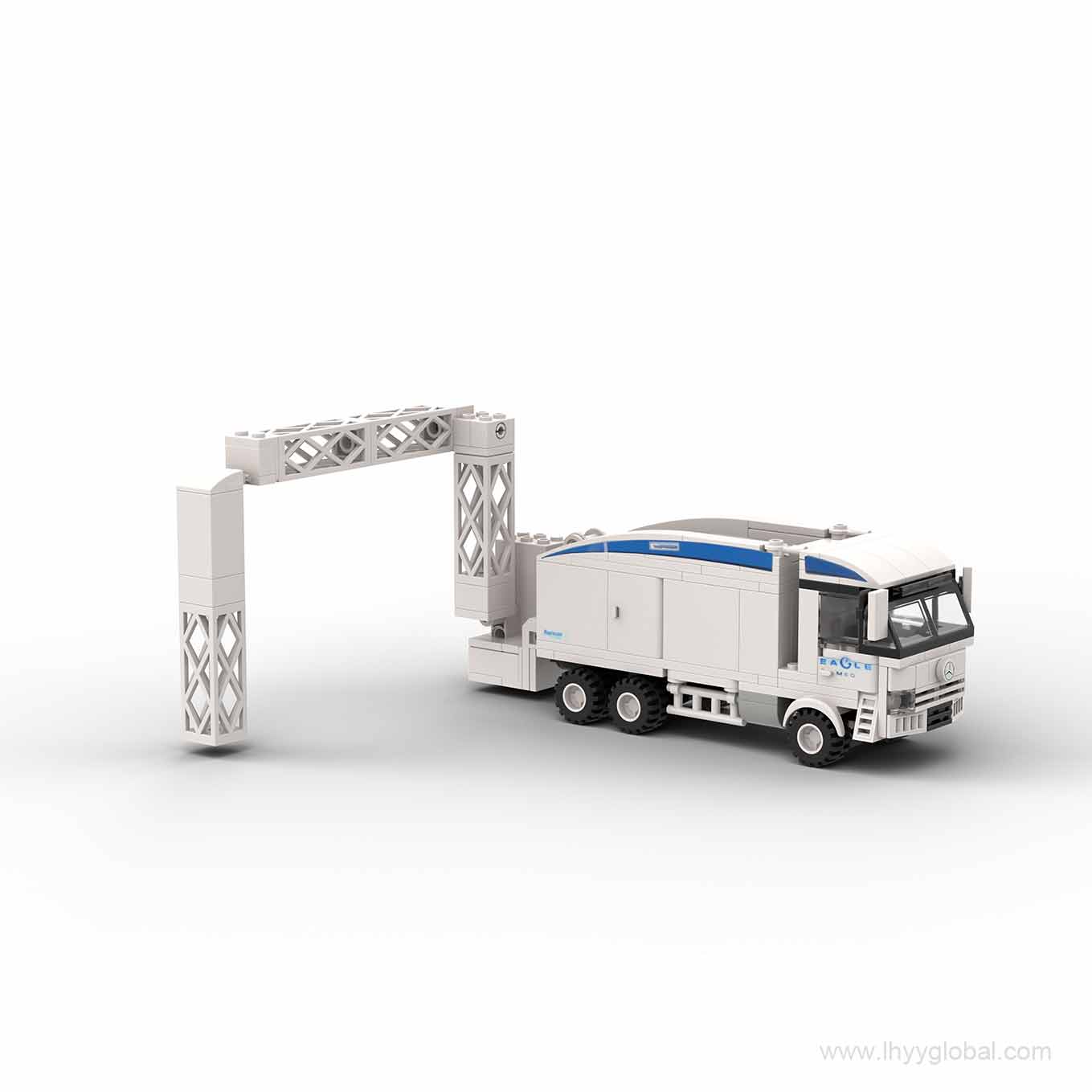 Custom LEGO-compatible Rapiscan Eagle M60 cargo and vehicle inspection truck building block model on a white background.