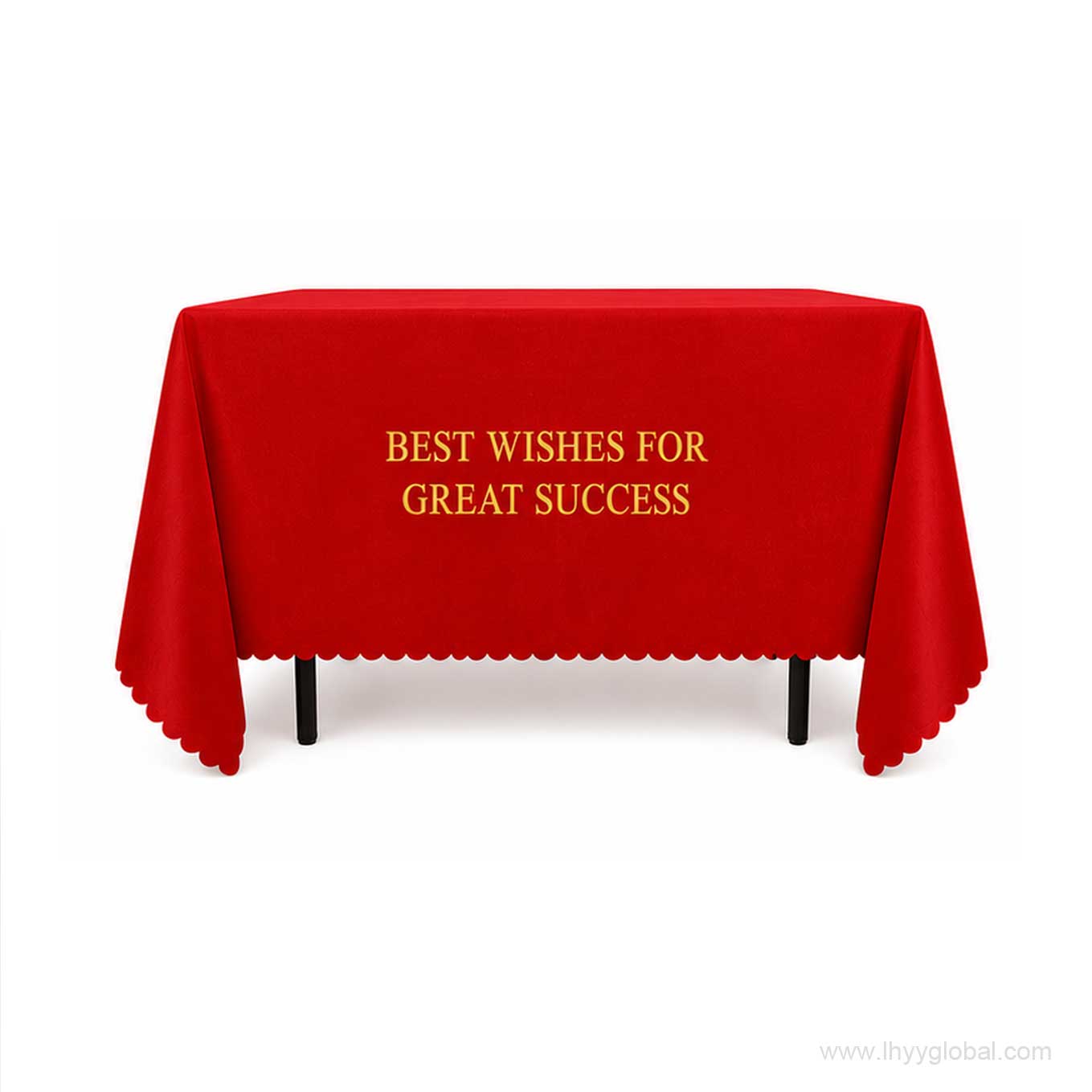 Front view of a red custom text tablecloth for trade shows and corporate events